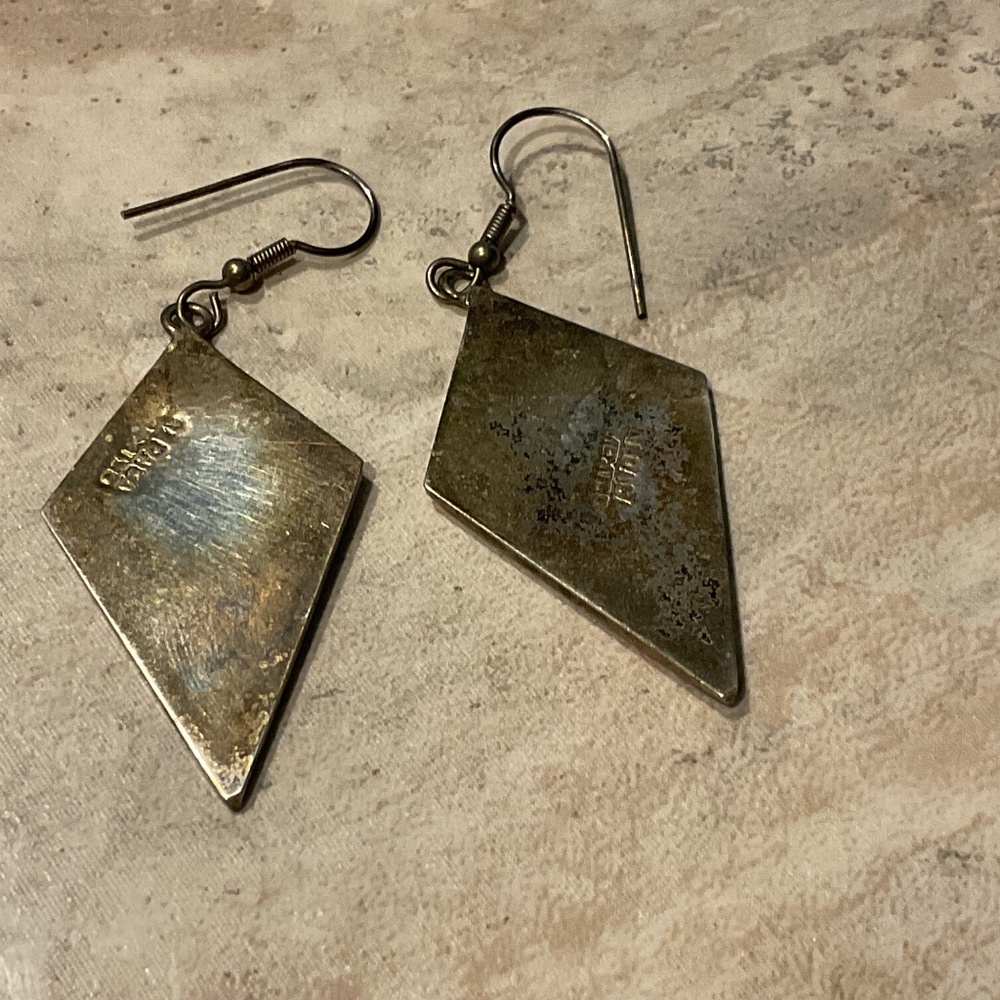 Alpaca Dangle Earrings Vintage Mother Of Pearl inlay pierced 1.75” - Picture 3 of 8